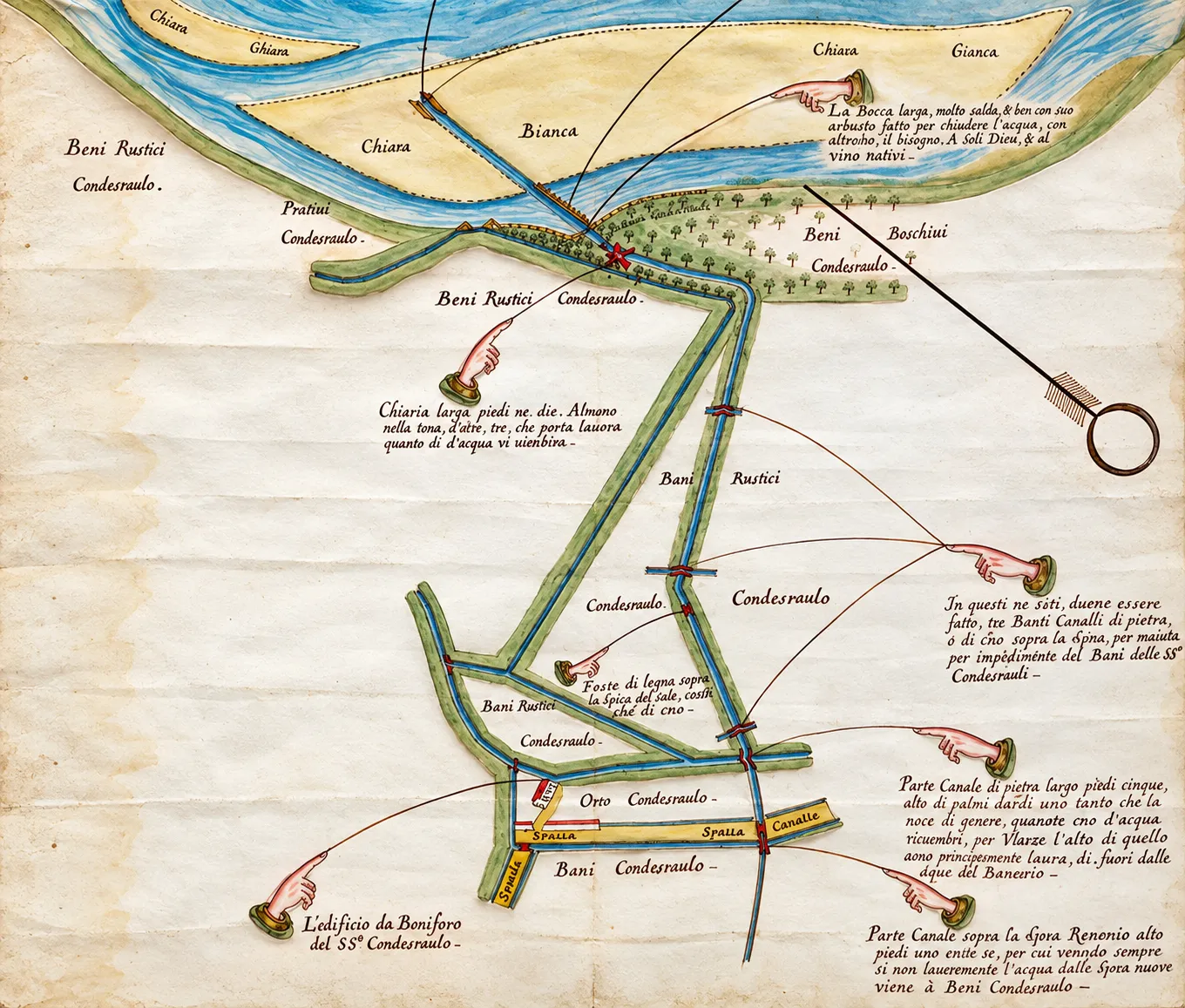 Una mappa storica disegnata a mano con annotazioni in italiano, con campi, canali e strade.