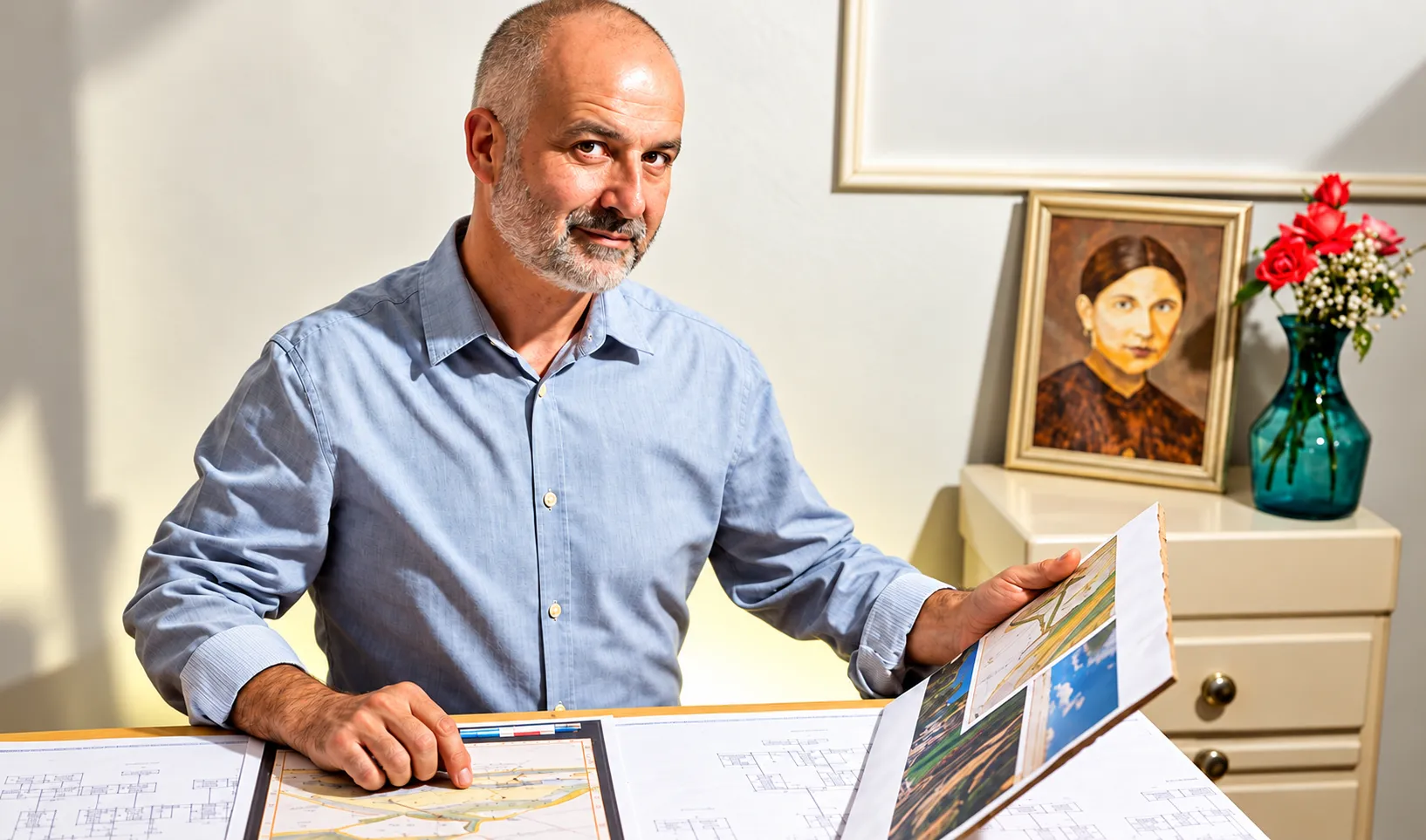Ritratto di Iuri Silvestri alla scrivania con alberi genealogici e fotografie d’archivio.