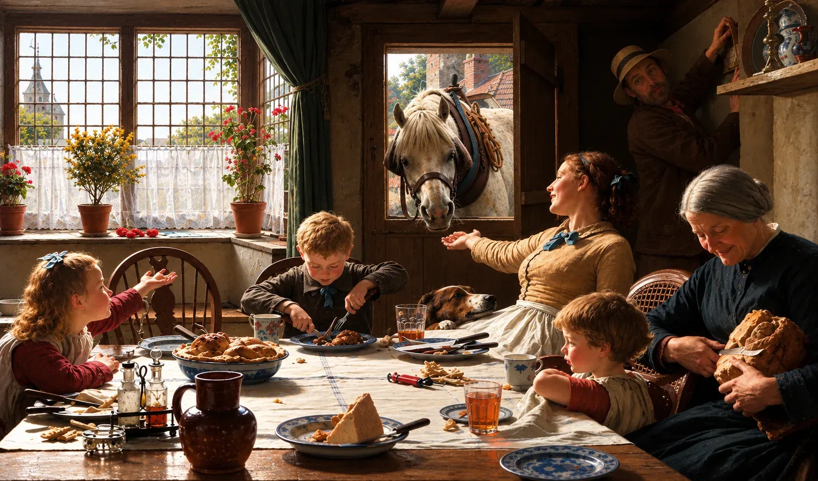 Dipinto di una famiglia di tre generazioni riunita attorno al tavolo di cucina, con i bambini, la madre e la nonna, mentre il cavallo di casa si affaccia dalla porta aperta.
